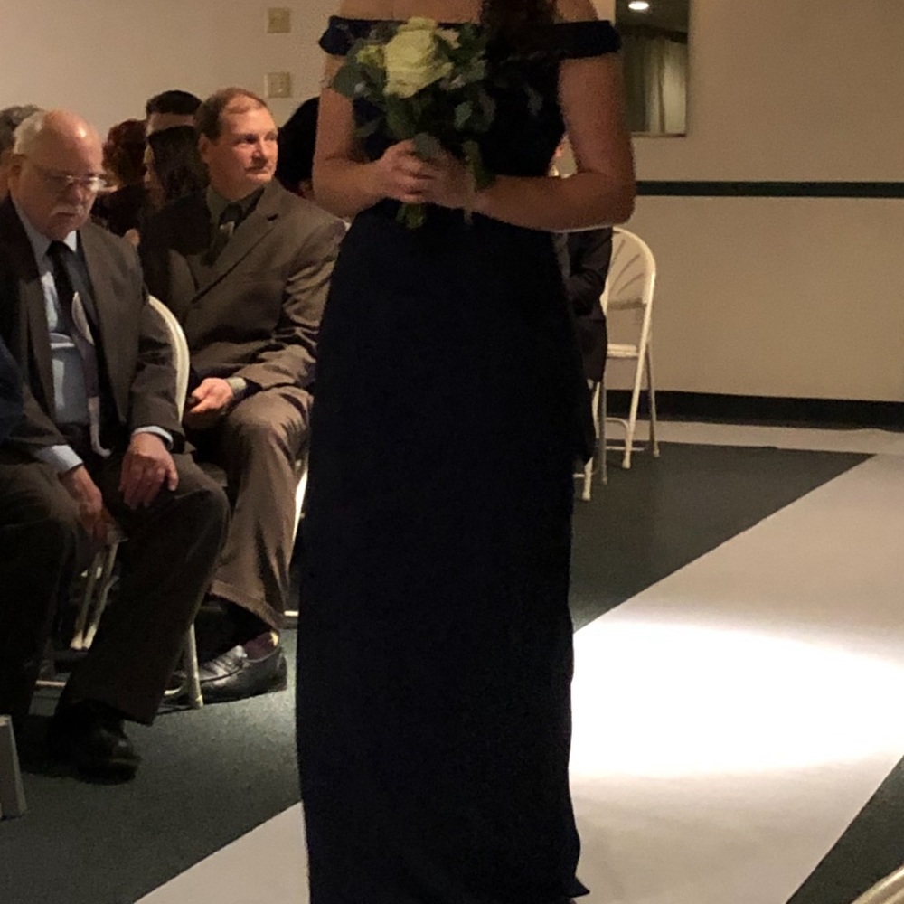 Navy blue David’s bridal off shoulder dress